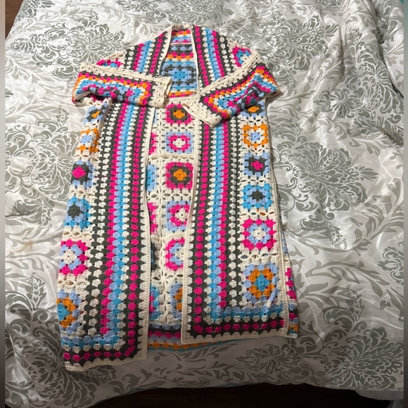 ❤️NWOT❤️ POL Long Crochet Granny Square Duster Cardigan Boho Multicolor One Size - Picture 4 of 7